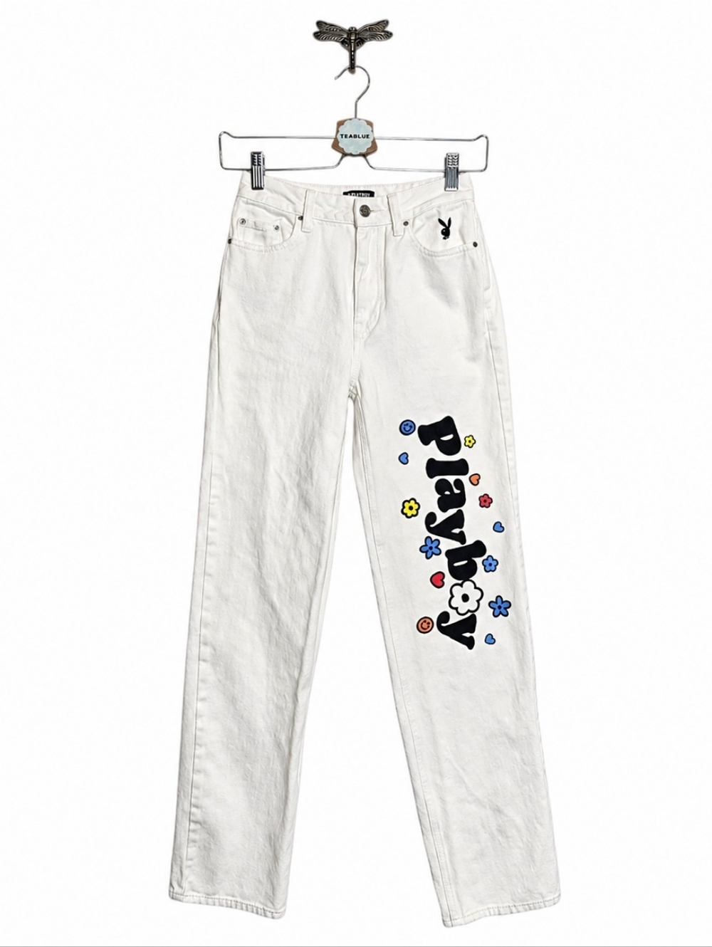 Playboy x PacSun Off-White Straight Leg Jeans Size 24 Graphic Logo Y2K